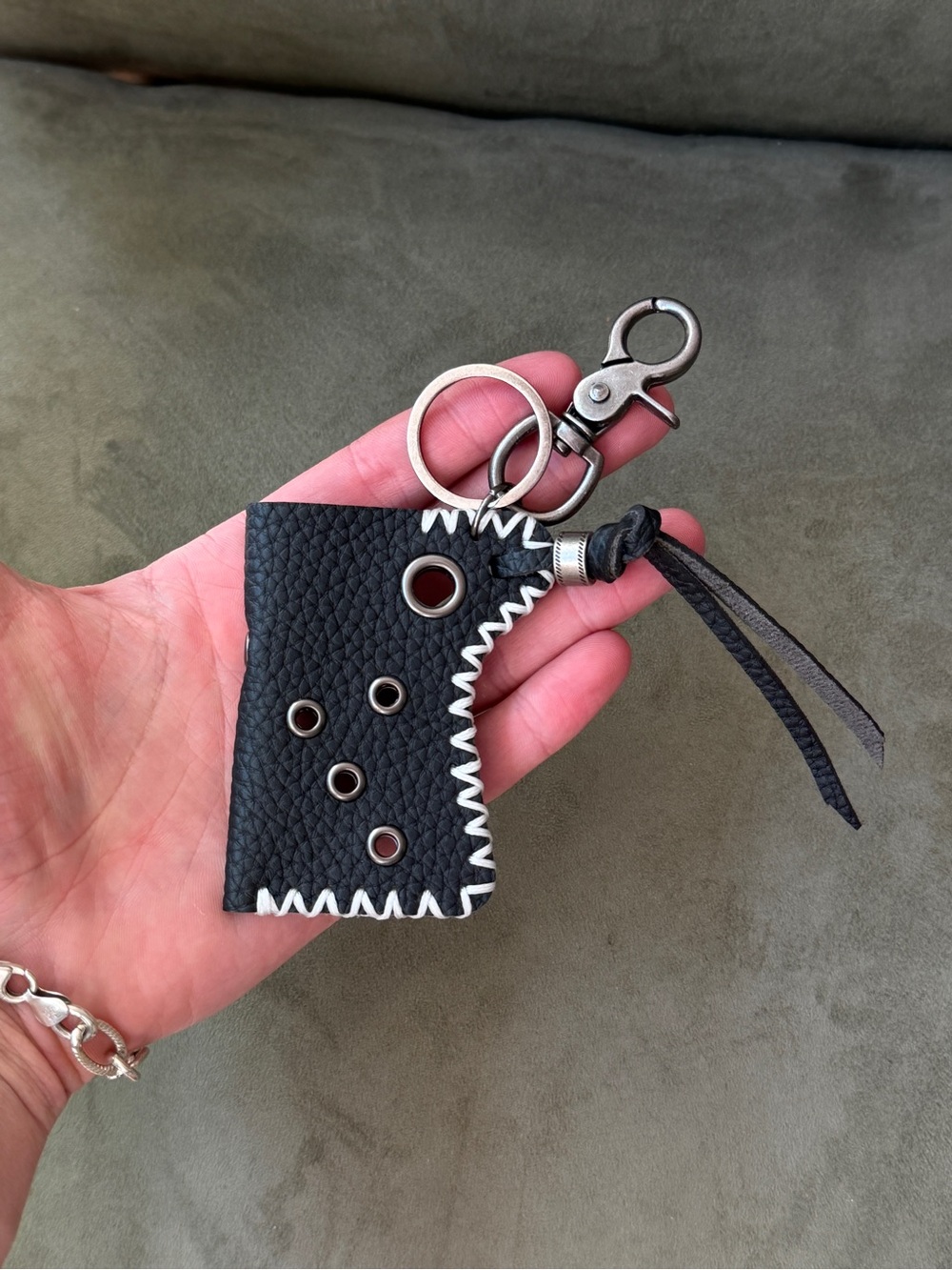 Black Leather Keychain Wallet with White Stitching